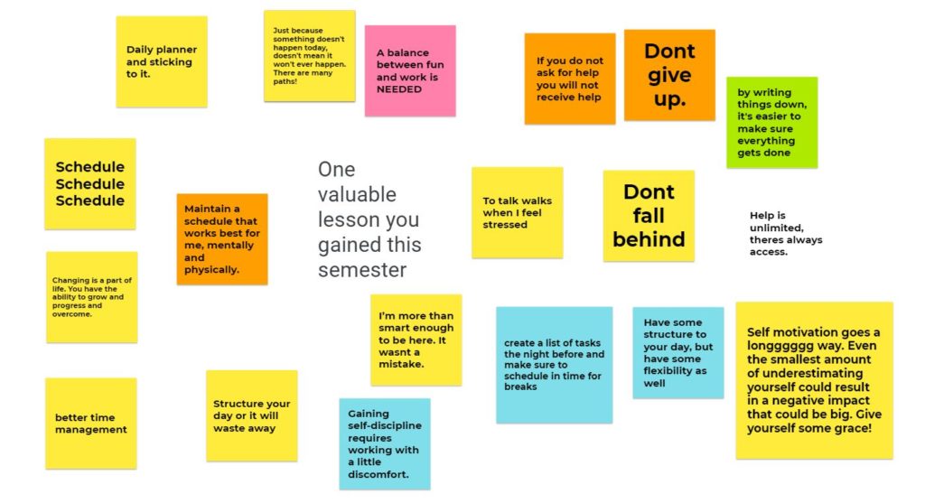 Postit notes with valuable lessons gained in the course — in students’ own words